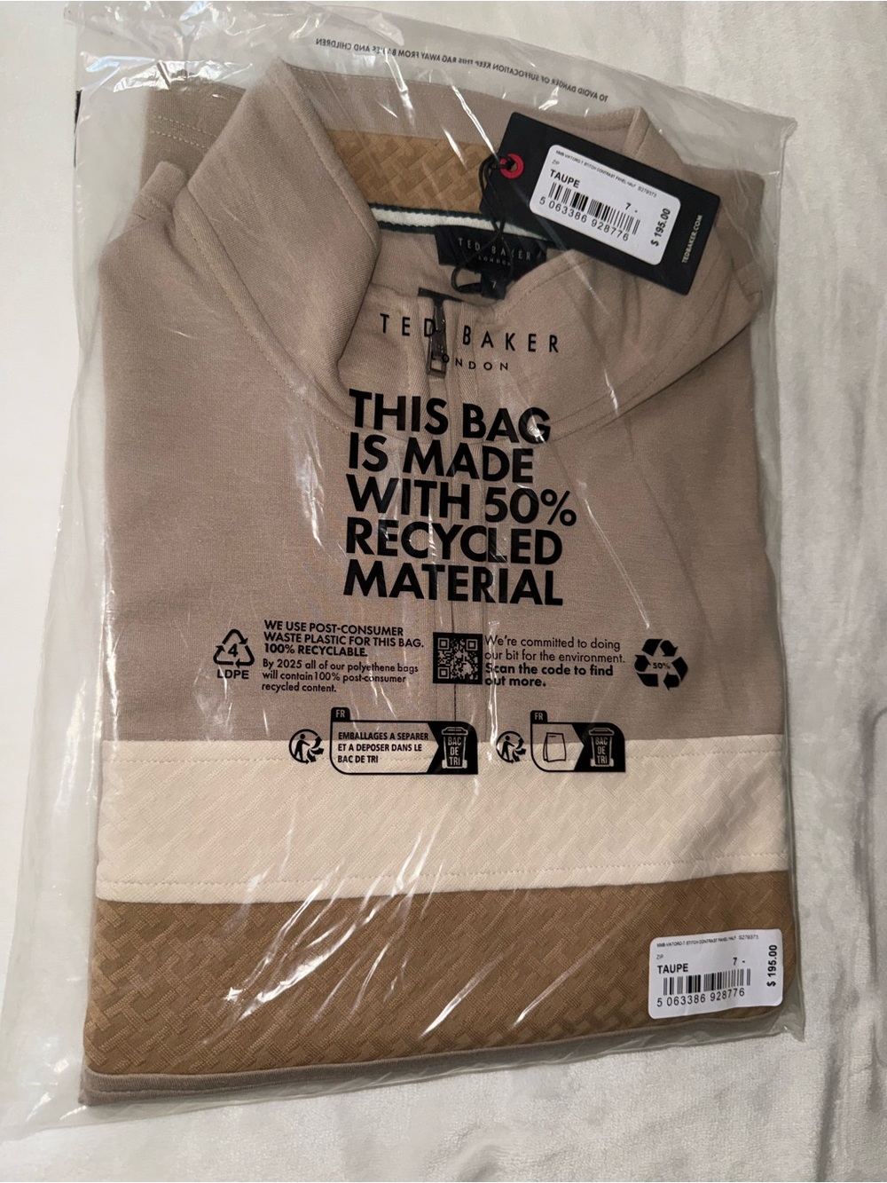 Ted Baker Chest Stripe Quarter Zip - Taupe. Size 7